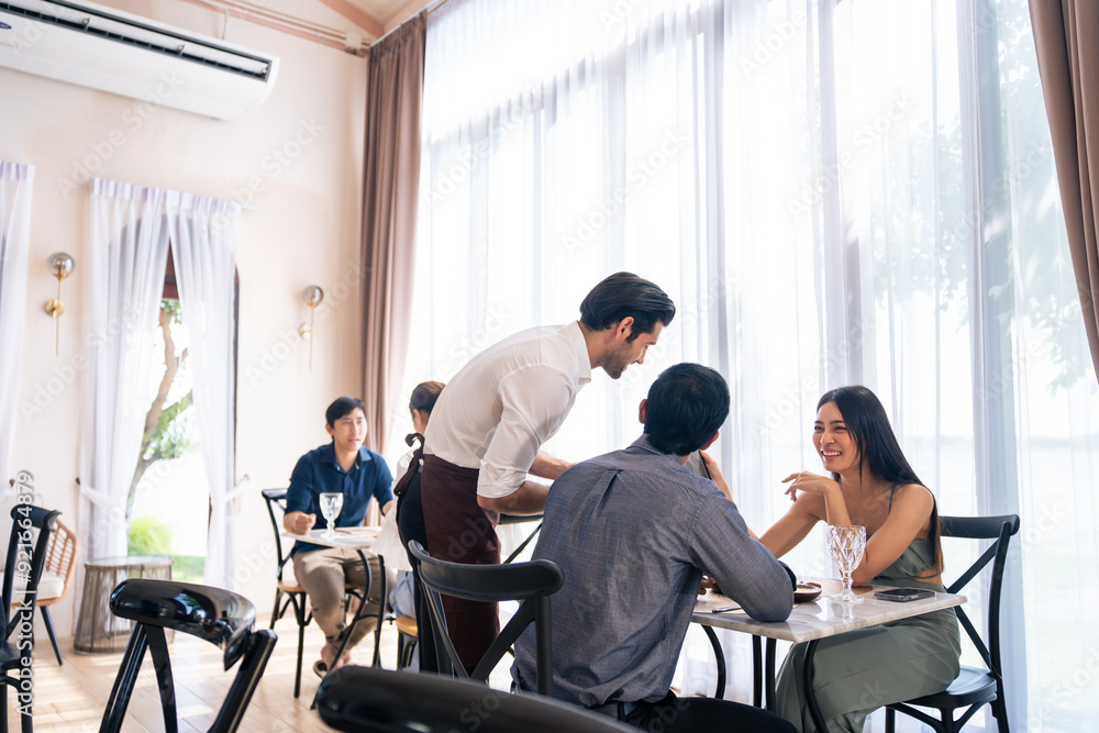 Fototapeta premium Asian young lovely couple customer having dinner in restaurant together. 