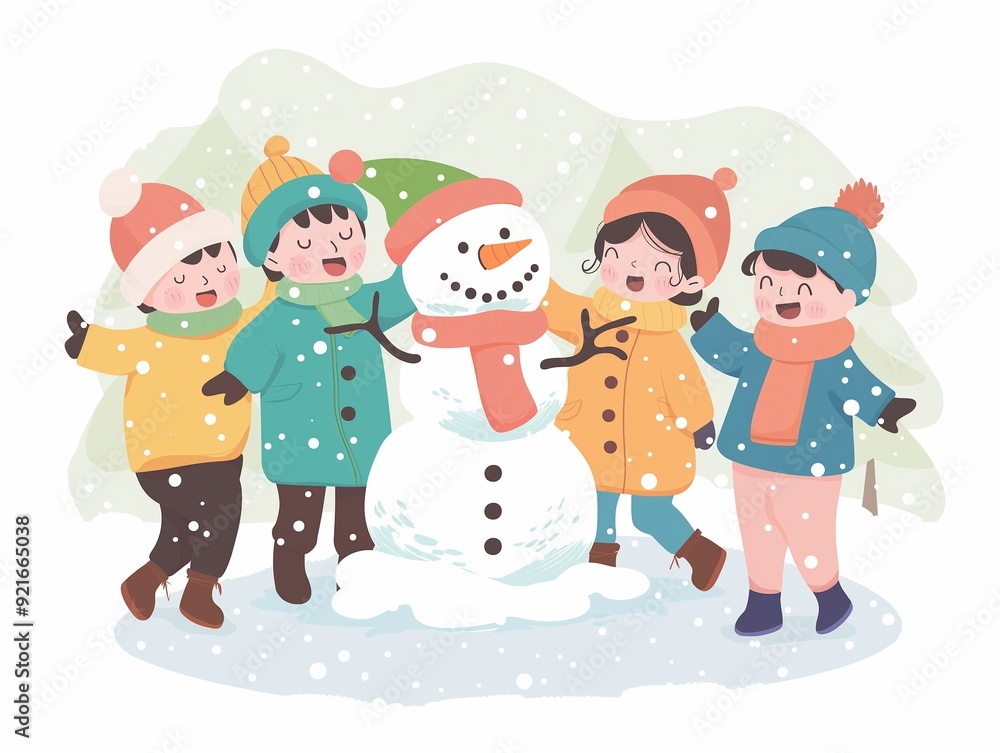 Children make snowman illustration isolated on white. AI generated Children make snowman illustration isolated on white. AI generated