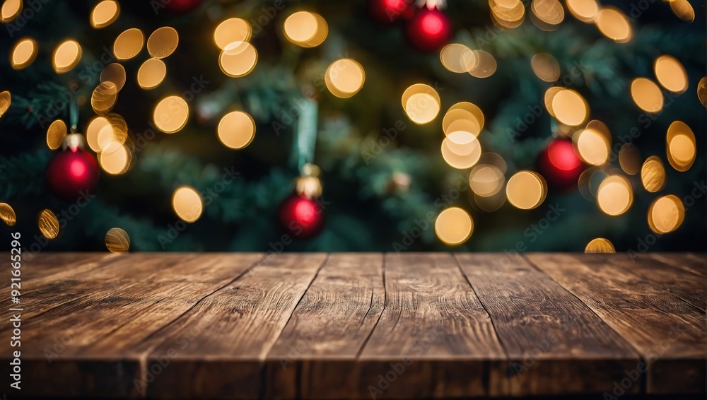 Empty wooden table for present product on christmas tree and bokeh blur background Empty wooden table for present product on christmas tree and bokeh blur background