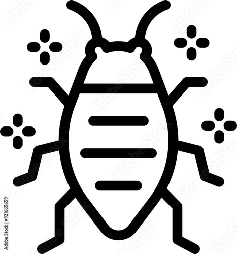 Simple, bold lined icon of a cockroach, with stars surrounding it, representing cleanliness and pest control