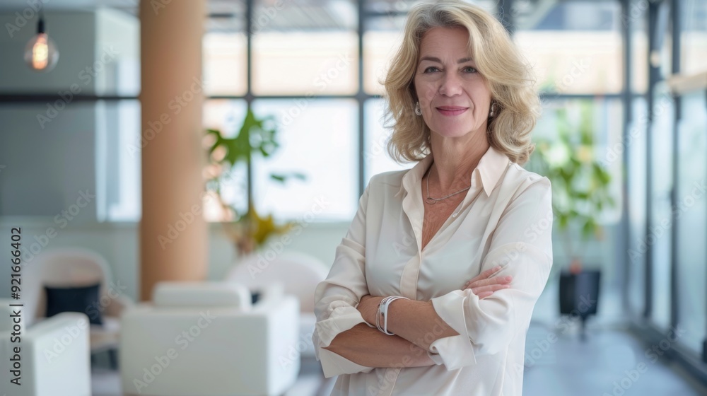 Confident businesswoman with crossed arms smiling in modern office, facing camera, embodying success in professional attire with sleek hairstyle. Confident businesswoman with crossed arms smiling in modern office, facing camera, embodying success in professional attire with sleek hairstyle.