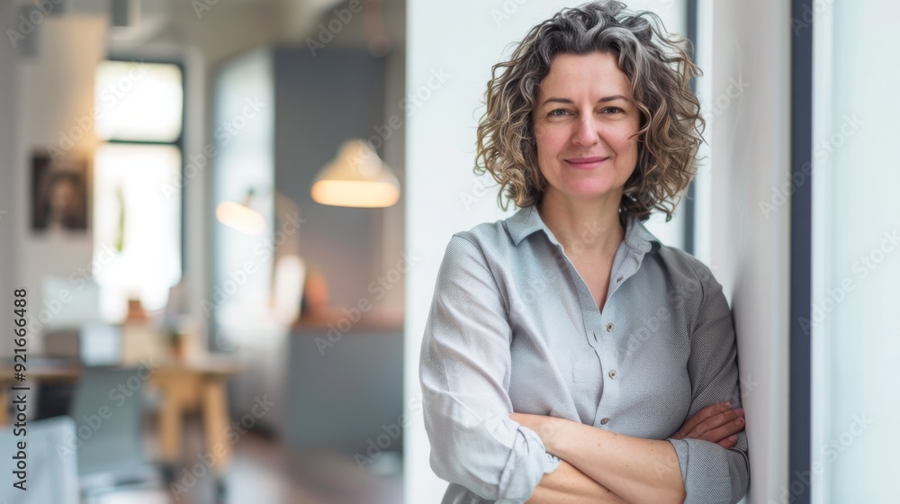 Obraz premium Confident businesswoman with crossed arms smiling in modern office, facing camera, embodying success in professional attire with sleek hairstyle.