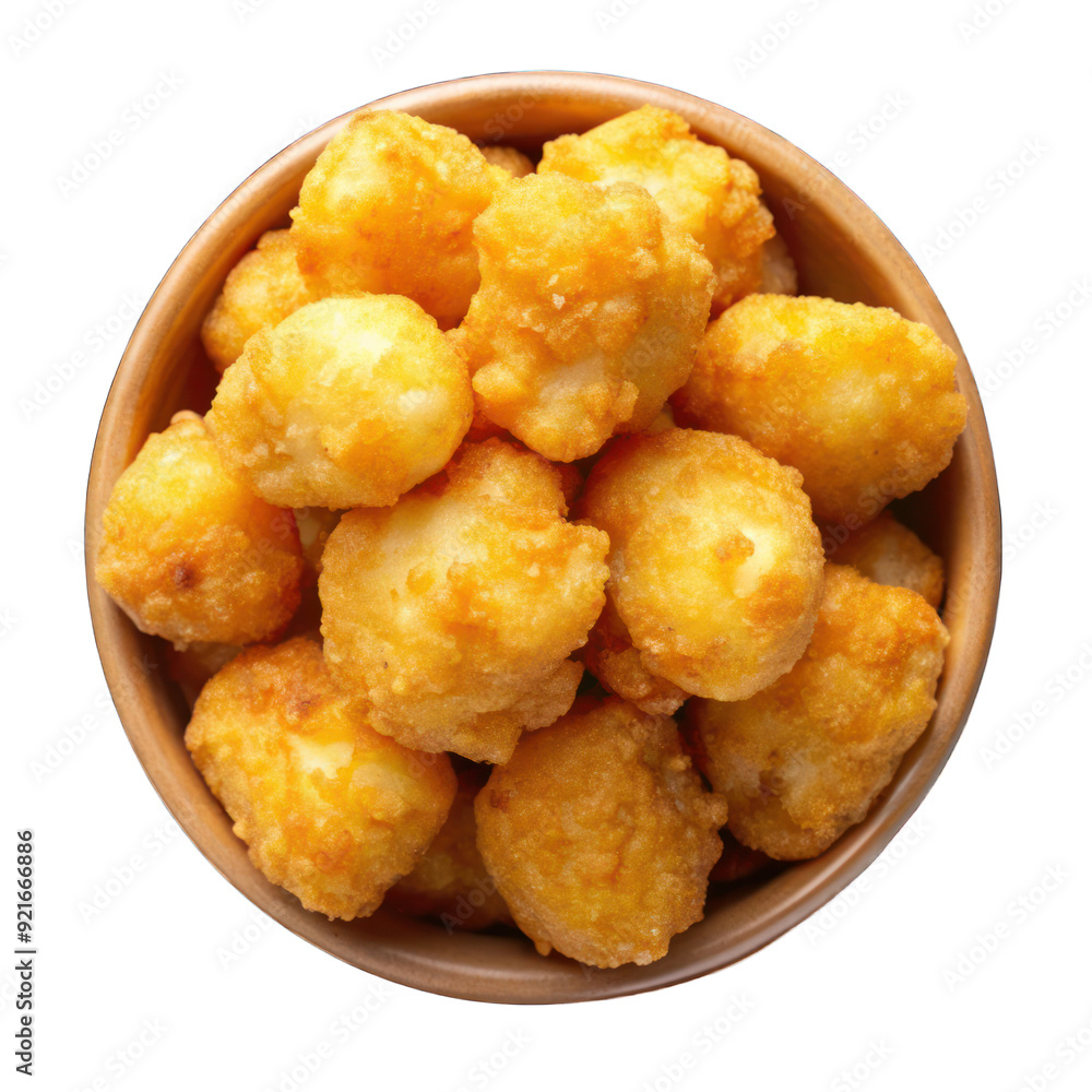 Battered and deep-fried cheese curds with golden crunchy crust on transparent Battered and deep-fried cheese curds with golden crunchy crust on transparent