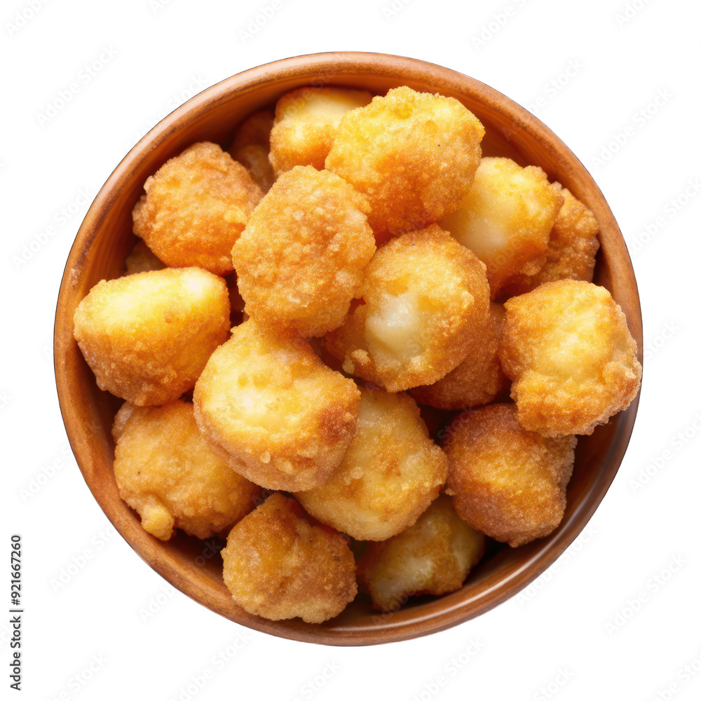 Battered and deep-fried cheese curds with golden crunchy crust on transparent Battered and deep-fried cheese curds with golden crunchy crust on transparent