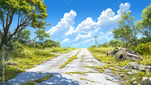 A dilapidated, overgrown highway stretching into the distance, surrounded by the remnants of a civilization long gone.  photo