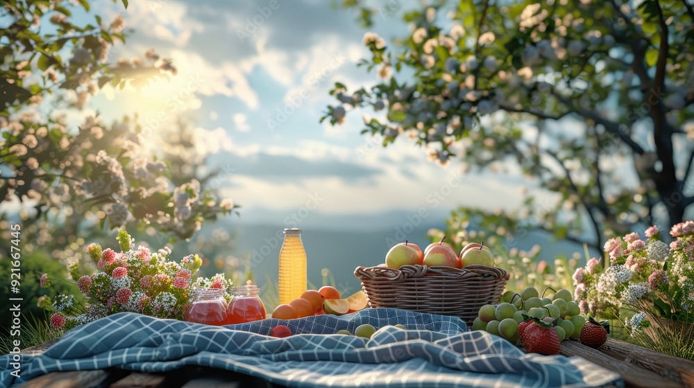 Fototapeta premium Scenic Outdoor Picnic with Fresh Fruits and Flowers in a Sunlit Garden Setting