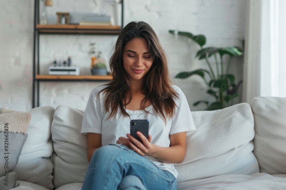 A young Caucasian woman smiles as she uses her smartphone, comfortably seated on a sofa in a cozy living room. A young Caucasian woman smiles as she uses her smartphone, comfortably seated on a sofa in a cozy living room.