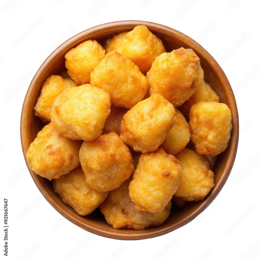 Battered and deep-fried cheese curds with golden crunchy crust on transparent Battered and deep-fried cheese curds with golden crunchy crust on transparent