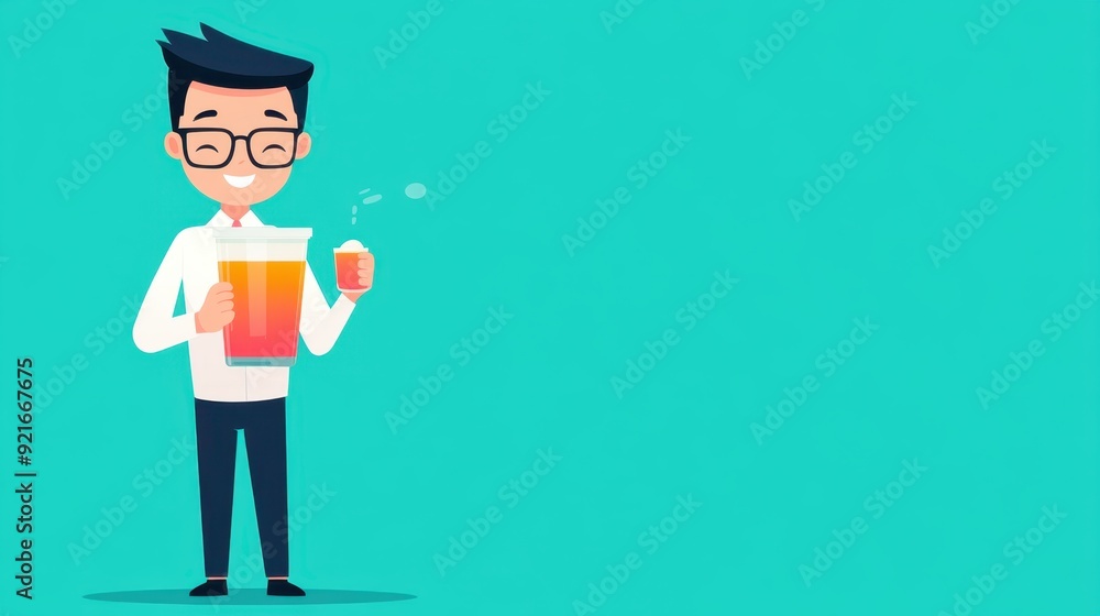 Happy Cartoon Character Relieved from Constipation with Detox Juice - Flat Design Illustration for Health Concepts with Copy Space Happy Cartoon Character Relieved from Constipation with Detox Juice - Flat Design Illustration for Health Concepts with Copy Space
