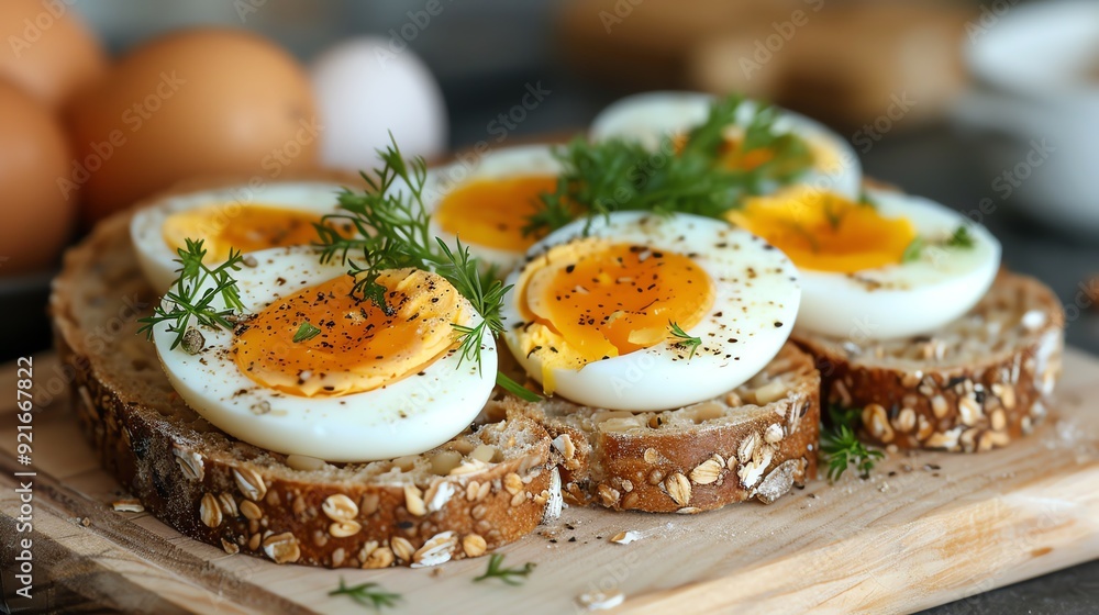Close up of four slices of bread topped with halved boiled eggs and fresh herbs, on a wooden cutting board. Close up of four slices of bread topped with halved boiled eggs and fresh herbs, on a wooden cutting board.