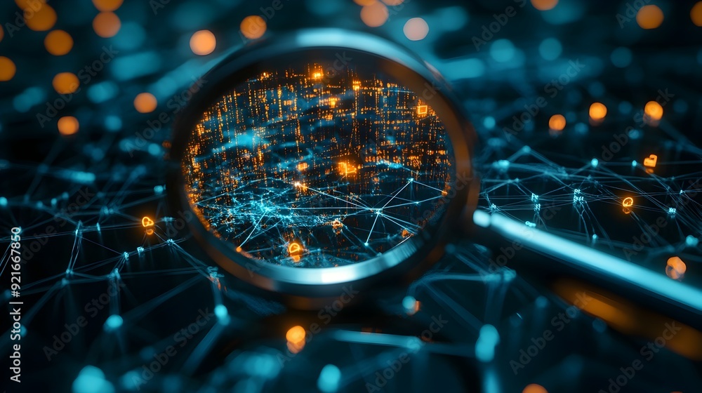 3D Magnifying Glass Zooming in on a Complex Digital Network Symbolizing Search Engines Uncovering Insights 3D Magnifying Glass Zooming in on a Complex Digital Network Symbolizing Search Engines Uncovering Insights