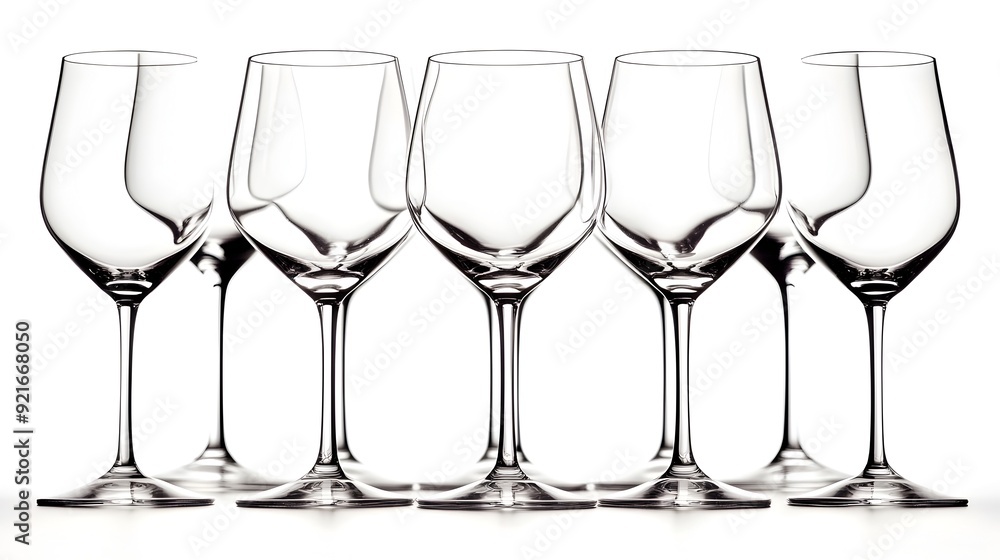 A beautiful set of elegant crystal wine glasses standing upright on a white background ready for a sophisticated A beautiful set of elegant crystal wine glasses standing upright on a white background ready for a sophisticated
