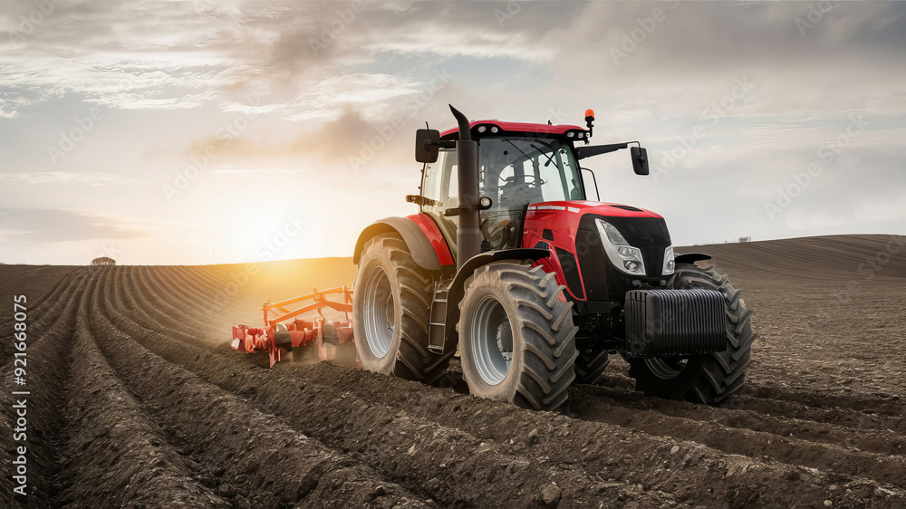 Red tractor plows fertile field under vast blue sky, symbol of rural industry and summer harvest Red tractor plows fertile field under vast blue sky, symbol of rural industry and summer harvest