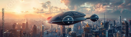 Futuristic Flying Car Soaring Above a Modern Cityscape at Sunset with Dramatic Clouds