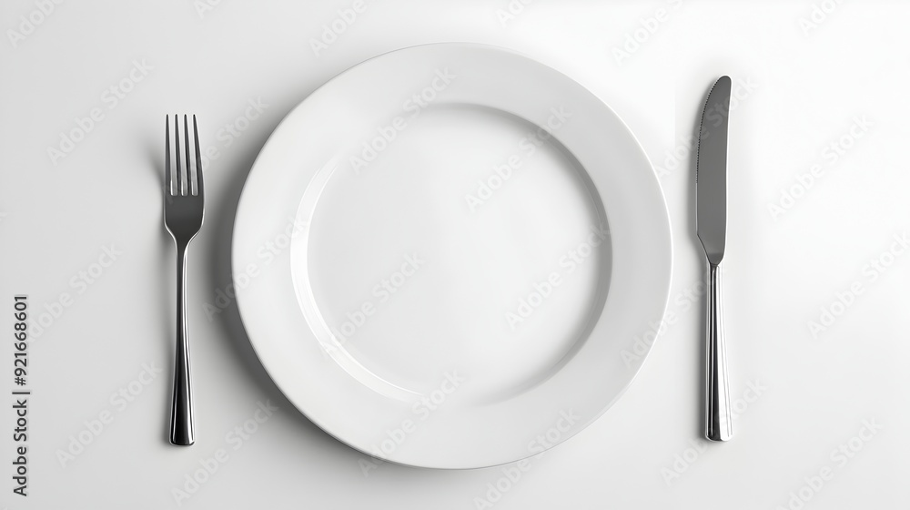 Clean White Ceramic Plate with Cutlery Neatly Arranged on Plain Background Clean White Ceramic Plate with Cutlery Neatly Arranged on Plain Background