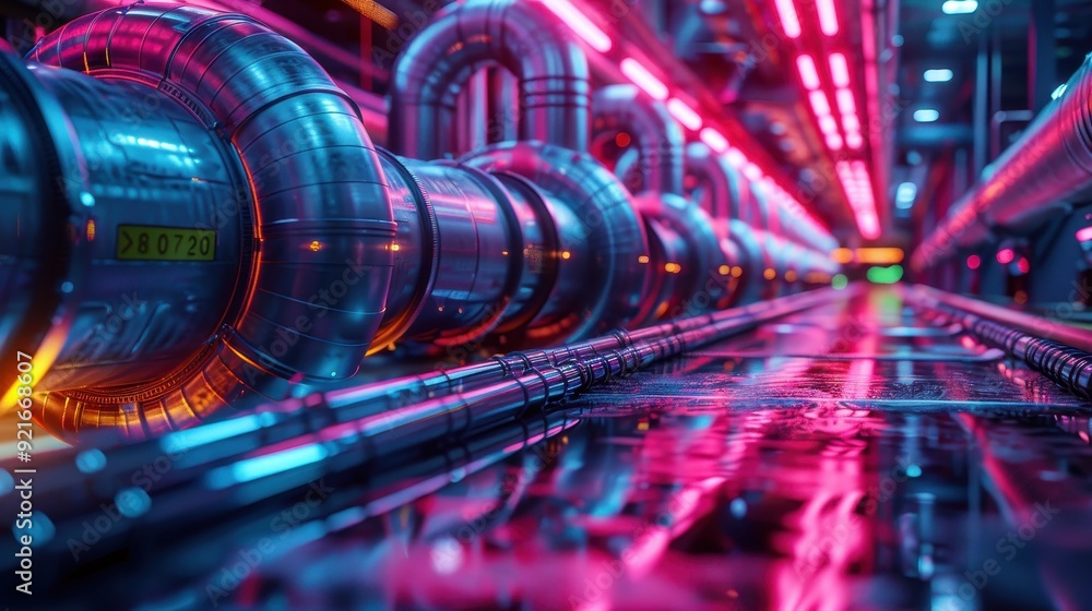 Futuristic Industrial Pipeline with Neon Lights in a High-Tech Facility Futuristic Industrial Pipeline with Neon Lights in a High-Tech Facility
