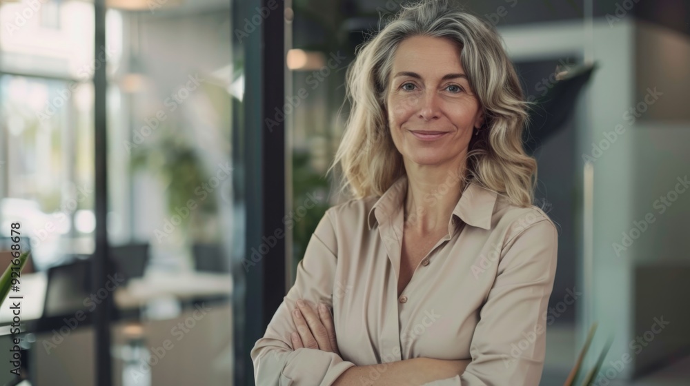 Fototapeta premium Confident businesswoman with crossed arms smiling in modern office, facing camera, embodying success in professional attire with sleek hairstyle.
