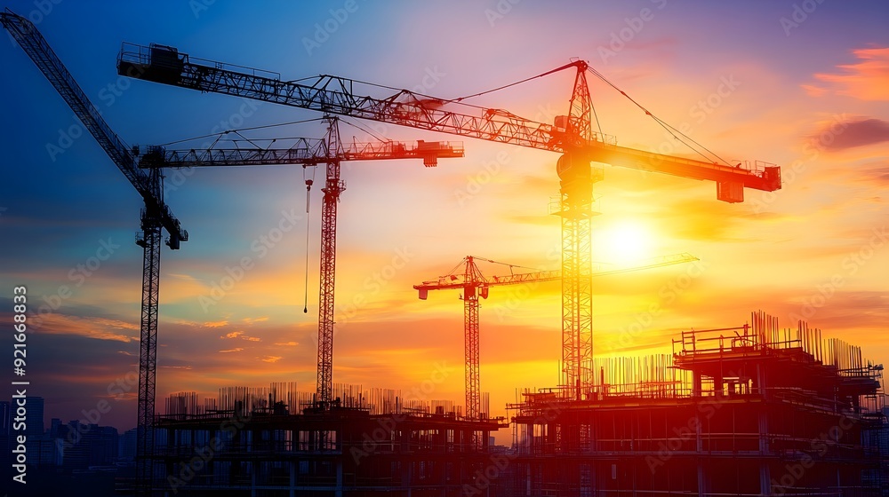Cranes Silhouetted Against a Glowing Sunset at a Bustling Construction Site Cranes Silhouetted Against a Glowing Sunset at a Bustling Construction Site