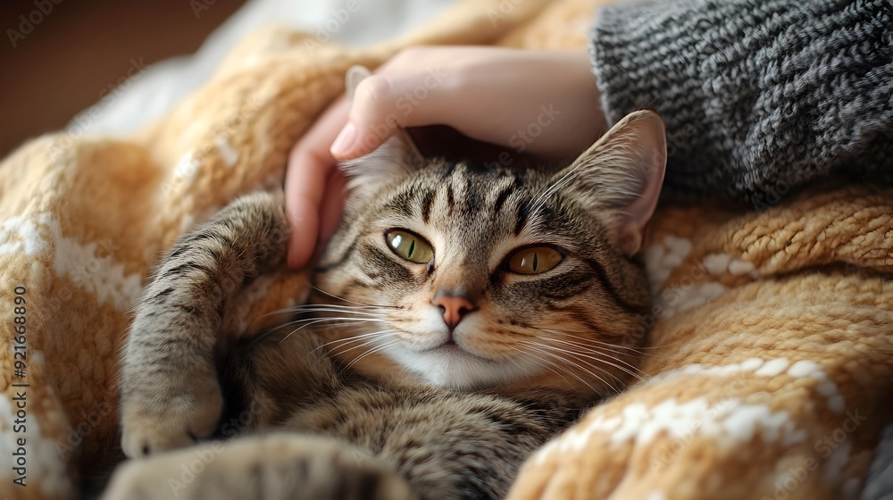 Cuddly Tabby Cat Relaxing on Cozy Bed with Caring Owner Nearby Cuddly Tabby Cat Relaxing on Cozy Bed with Caring Owner Nearby