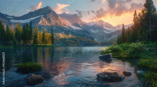 Expansive wild nature scene with towering mountains, lush forests, and a crystal-clear river flowing through the valley, all bathed in the golden light of sunrise,  photo