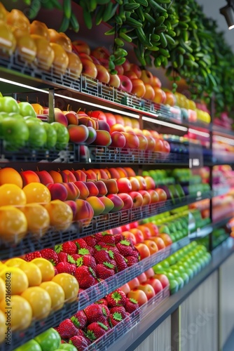 Vibrant Display of Fresh Fruits and Vegetables in a Modern Grocery Store
