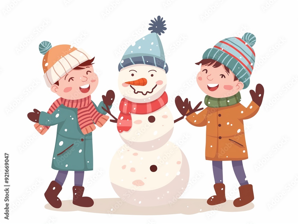 Children make snowman illustration isolated on white. AI generated Children make snowman illustration isolated on white. AI generated