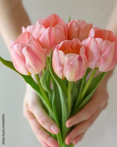 A bouquet of pink tulips is being held by a person. The flowers are arranged in a way that they are all facing the same direction, giving the impression of a unified and harmonious display