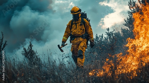 Firefighter battling wildfire in a forest at dusk