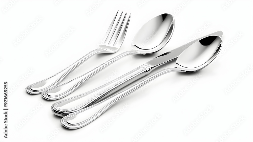 Elegant Metallic Silverware Cutlery Set Arranged on White Surface