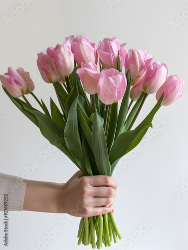 A person is holding a bouquet of pink tulips. The flowers are arranged in a bunch and are held in the person's hand. Concept of warmth and happiness