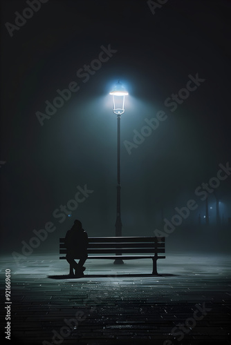 A person sits on a bench in the dark. The scene is quiet and peaceful, with only the person and the bench visible. The darkness adds to the sense of solitude and introspection
