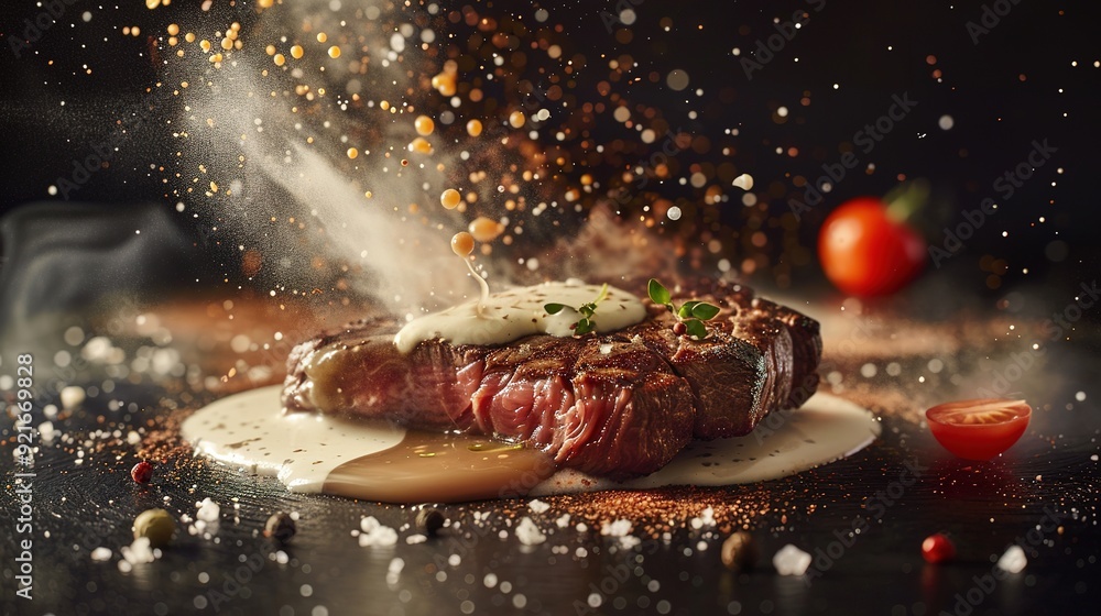 French teppanyaki, steak, caramel, splash, jumping steak, half-empty steak, melted cream, black pepper, small tomato embellishment, explosive dust, low angle, small aperture, French teppanyaki, steak, caramel, splash, jumping steak, half-empty steak, melted cream, black pepper, small tomato embellishment, explosive dust, low angle, small aperture,