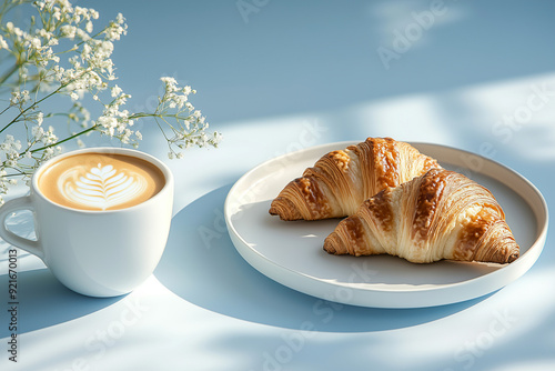 Freshly Baked Croissants with Latte Art Coffee, Elegant Morning Breakfast photo