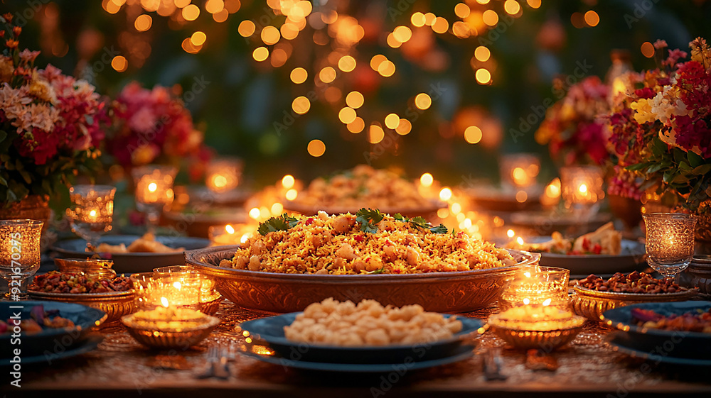 A festive Diwali dinner setting with family and friends, celebrating the triumph of light and love, perfect for holiday promotions. A festive Diwali dinner setting with family and friends, celebrating the triumph of light and love, perfect for holiday promotions.