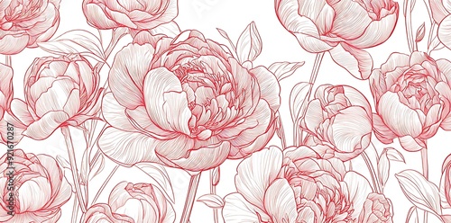 Red and white line art floral pattern with peonies and leaves on a white background.