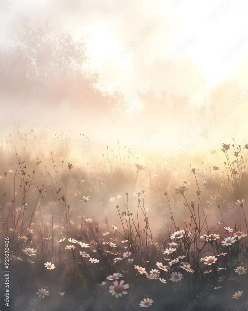A field of flowers with a cloudy sky in the background. The flowers are yellow and white. The sky is hazy and the sun is barely visible A field of flowers with a cloudy sky in the background. The flowers are yellow and white. The sky is hazy and the sun is barely visible