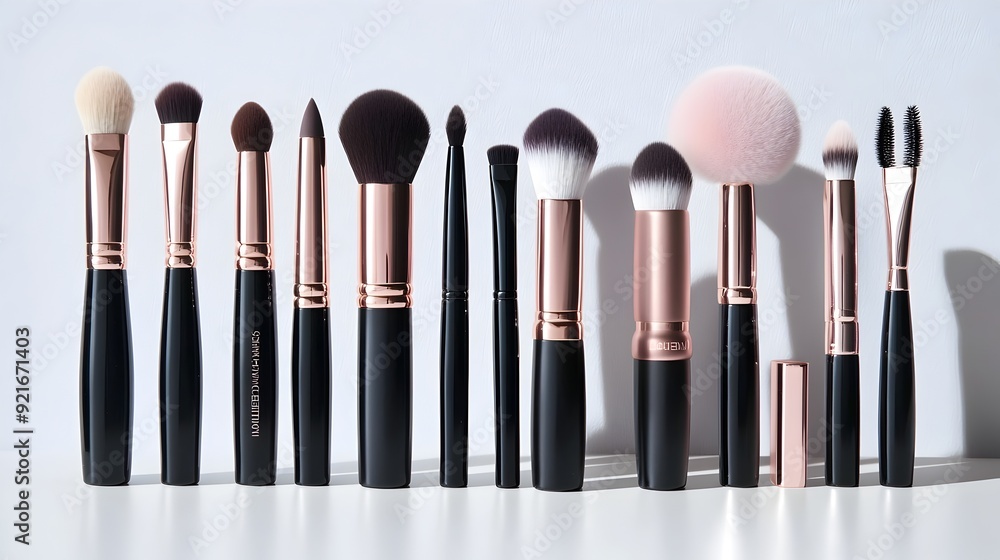 Neatly Arranged Collection of Assorted Makeup Brushes on a White Surface Neatly Arranged Collection of Assorted Makeup Brushes on a White Surface