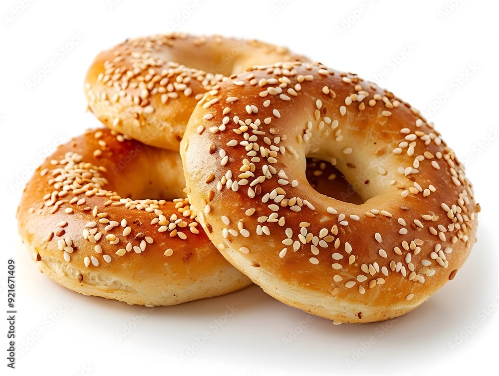 Freshly Baked Sesame Seed Bagels on White Background with Copy Space Freshly Baked Sesame Seed Bagels on White Background with Copy Space