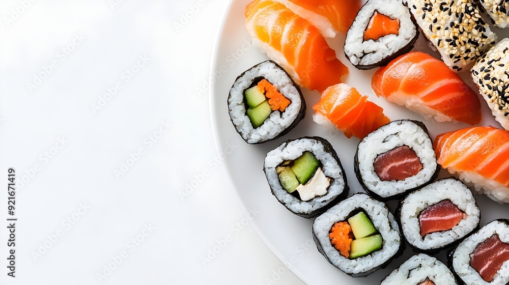 Neatly Arranged Fresh Sushi Rolls on a Pristine White Background Neatly Arranged Fresh Sushi Rolls on a Pristine White Background