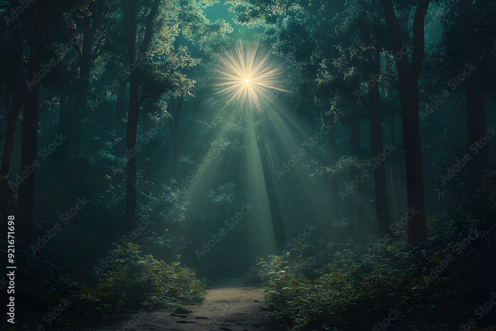 A forest with a bright light shining through the trees. The light is coming from a star, and the forest is dark and mysterious A forest with a bright light shining through the trees. The light is coming from a star, and the forest is dark and mysterious