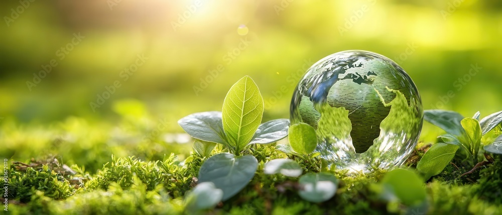 A glass globe showcasing Earth amidst lush greenery symbolizing environmental awareness and sustainability A glass globe showcasing Earth amidst lush greenery symbolizing environmental awareness and sustainability