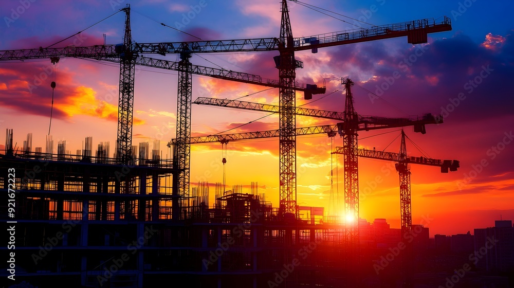 Silhouetted Construction Cranes against Glowing Sunset Skyline Silhouetted Construction Cranes against Glowing Sunset Skyline