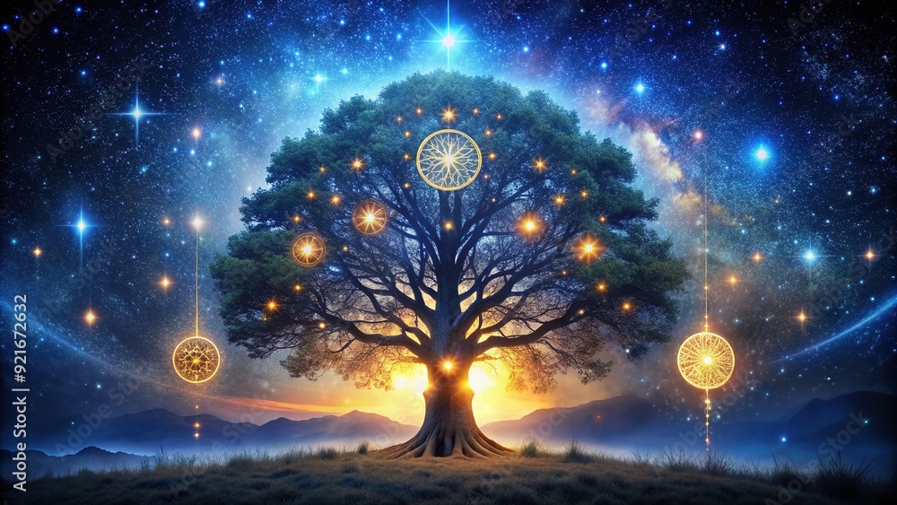 Naklejka premium Majestic tree adorned with mystical symbols, glowing runes, and celestial patterns, set against a starry night sky with a subtle mist, evoking ancient wisdom and magic.