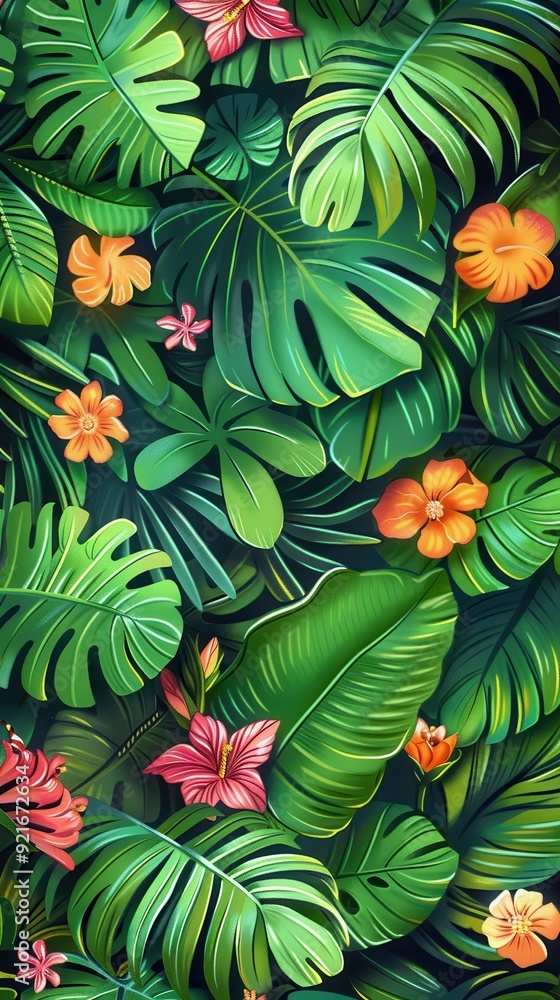 Naklejka premium Colorful flowers bloom among lush green foliage in a vibrant tropical setting