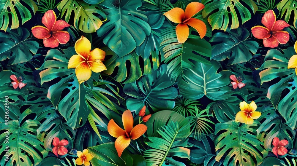 Colorful hibiscus flowers and large leaves create a vibrant tropical floral pattern Colorful hibiscus flowers and large leaves create a vibrant tropical floral pattern