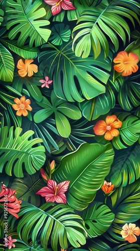 Colorful flowers bloom among lush green foliage in a vibrant tropical setting