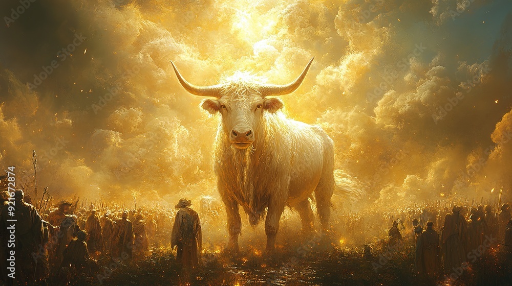 A Giant White Bull Stands Before a Crowd of People in a Golden Field A Giant White Bull Stands Before a Crowd of People in a Golden Field