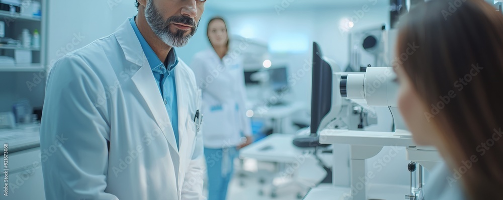 Doctors discussing patient care in a modern medical facility Doctors discussing patient care in a modern medical facility