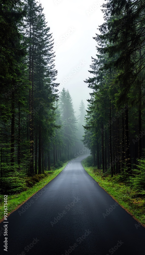 Obraz premium A serene winding road through a lush green forest, enveloped by misty fog, perfect for nature lovers and travel enthusiasts.