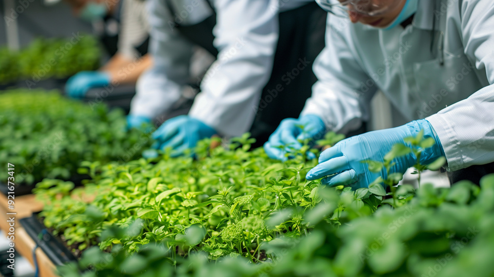 Scientists working with hydroponic seedlings in an innovative indoor lab, promoting advanced farming technology and sustainability Scientists working with hydroponic seedlings in an innovative indoor lab, promoting advanced farming technology and sustainability